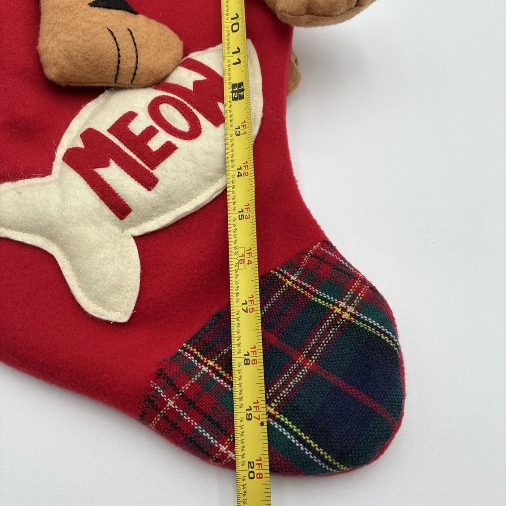 Christmas Cat Stocking Red Felt Orange Tabby Plaid Bow Tie Meow Fish 20 inch
